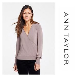 Ann Taylor Shimmer Trim Wrap Top in Taupe 